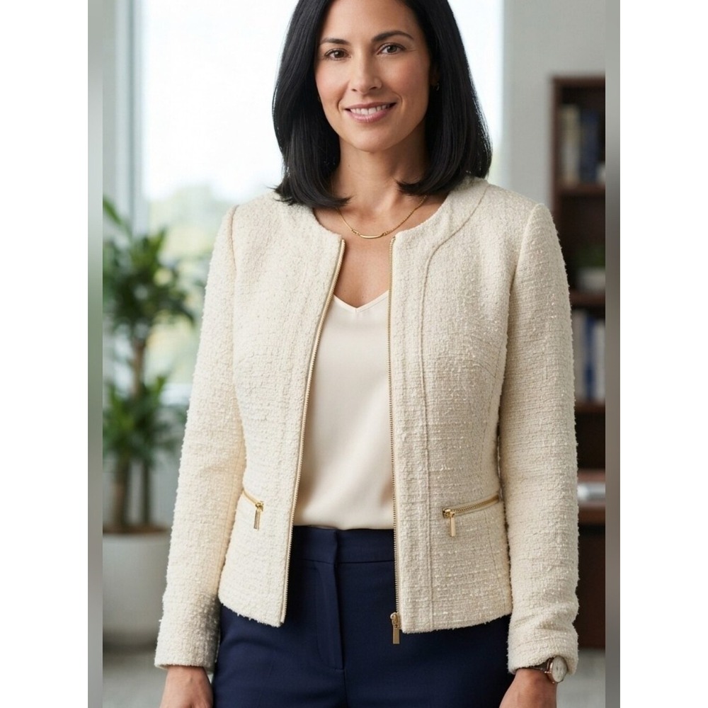 Alfani Women Cream Boucle Tweed Zip Front Blazer Jacket Gold Hardware Size 6